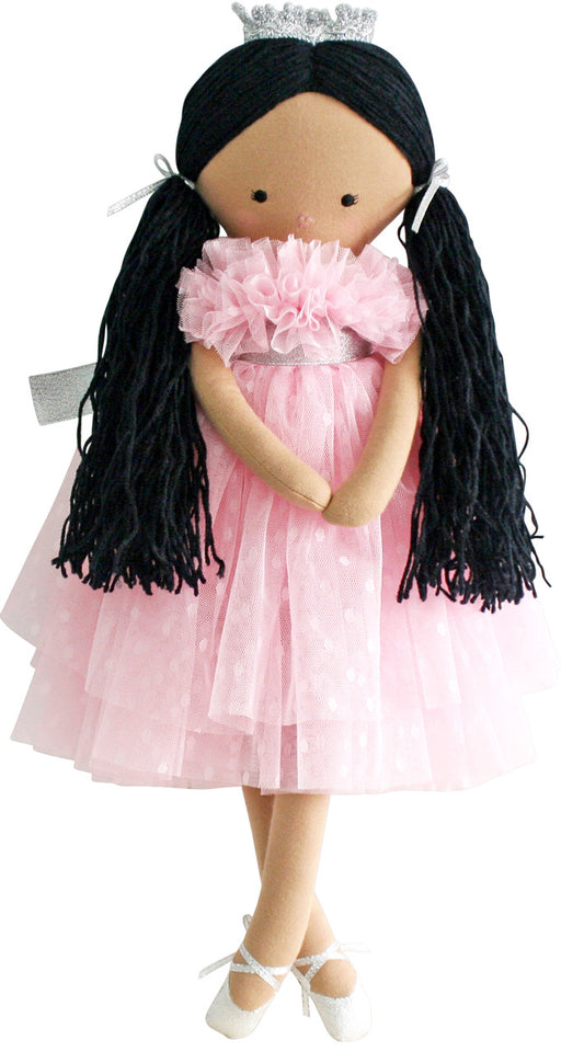 Penelope Princess doll in pink spot tulle frock with crown and yarn hair, ideal for playtime, suitable for ages 3 and up.
