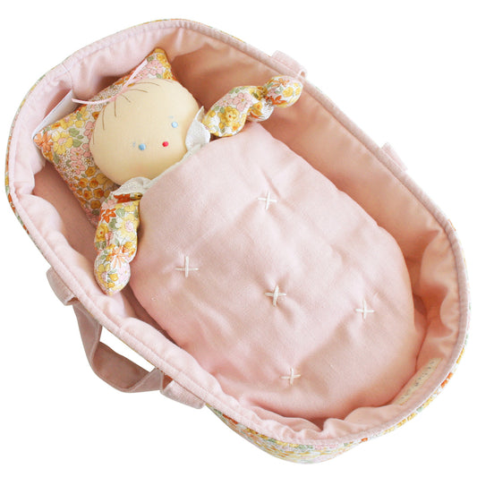 Doll Carrier 30cm Sweet Marigold with mini quilt, pillow, and asleep/awake baby doll, ideal for 3 years and up.