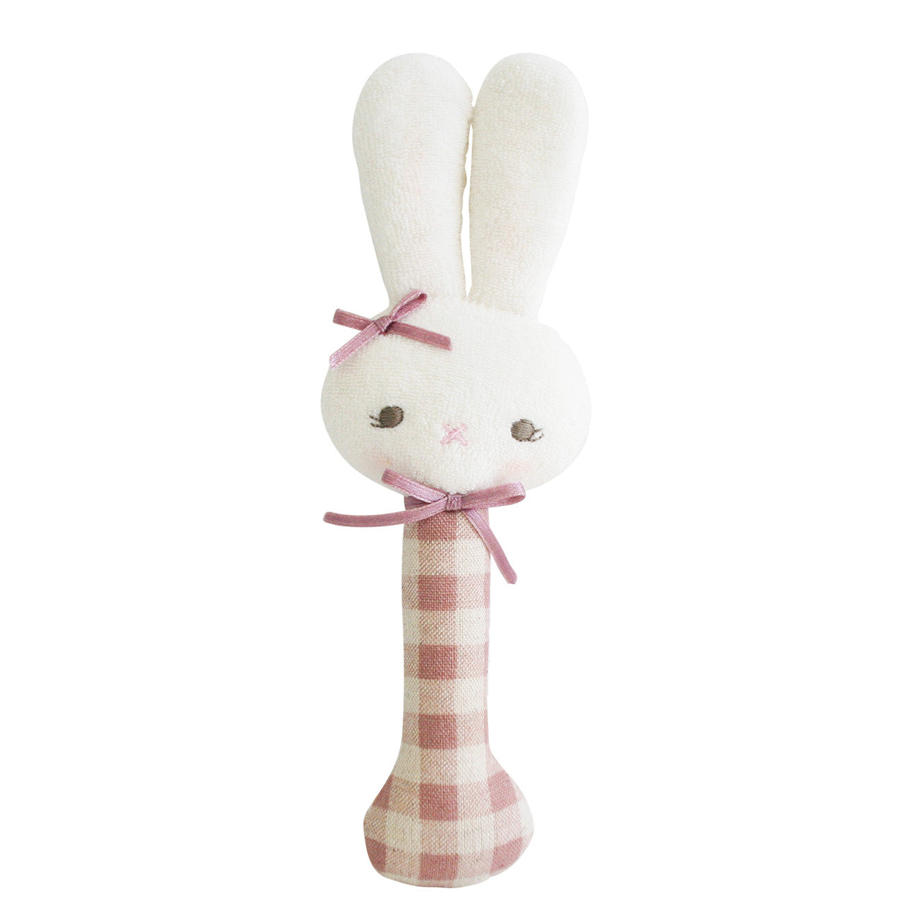 Cute Bunny Stick Rattle in rose check pattern, perfect for little hands and safe for mouthing. Ideal first rattle for babies.
