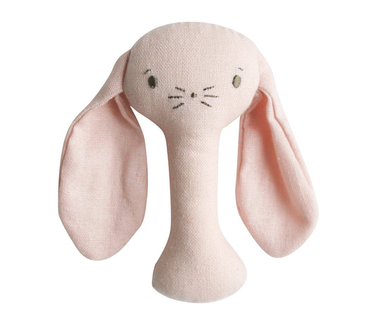 Bobby Bunny Stick Rattle in pink linen, perfect for tiny hands with a gentle rattling sound, suitable for ages 3 months and up.