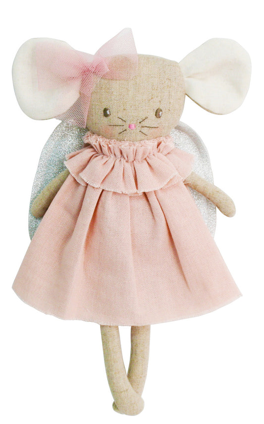 Angel Baby Mouse plush doll in pink dress with sparkly silver wings and cute ears, suitable for ages 3 and up.