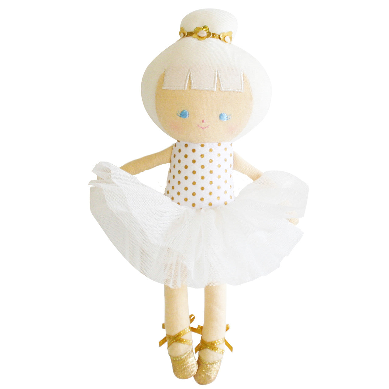 Cute baby ballerina doll 25cm with tulle tutu and gold spot bodice, perfect for ages 3 and up.