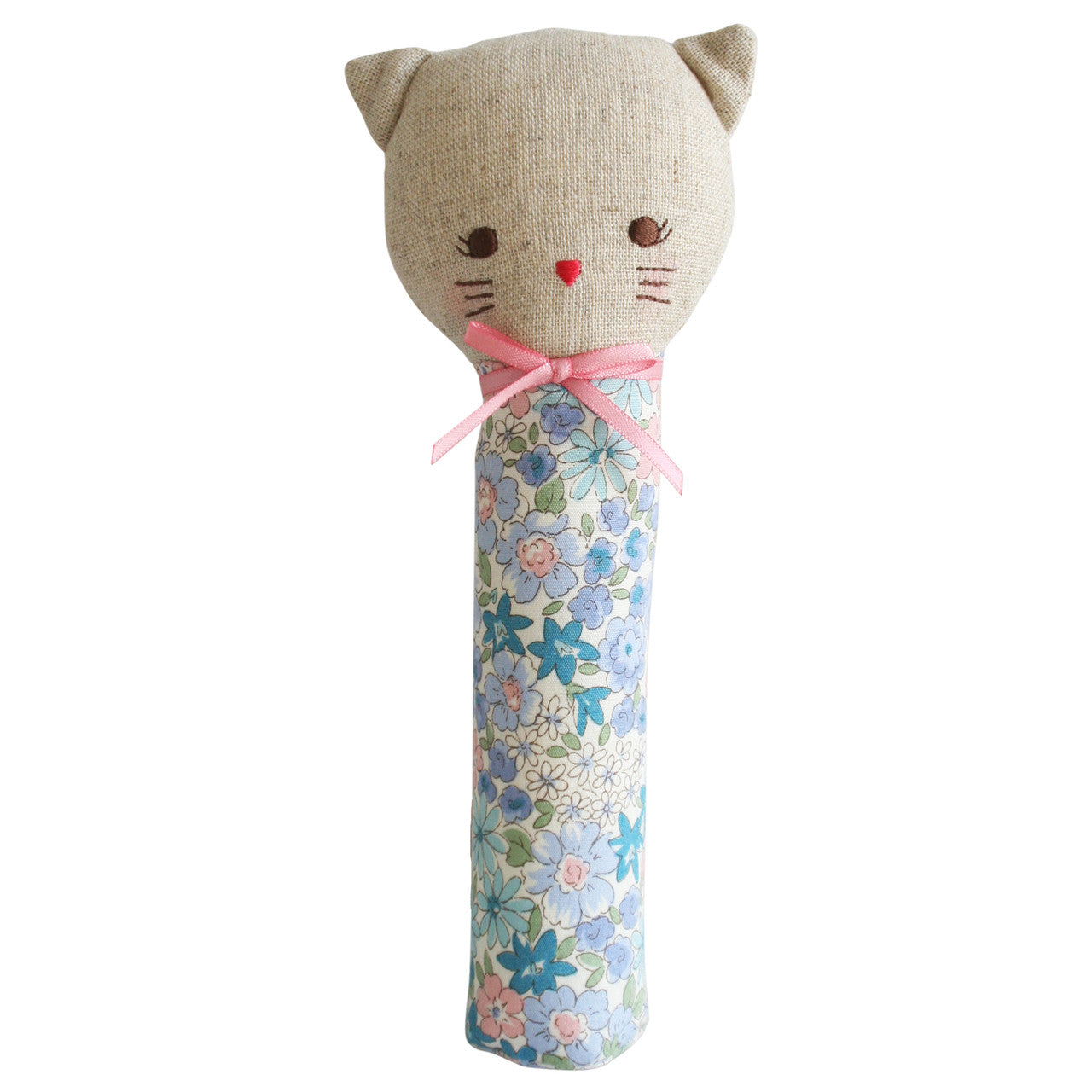 Odette Kitty Squeaker toy in Liberty Blue, perfect for babies to explore and learn grasp reflex.