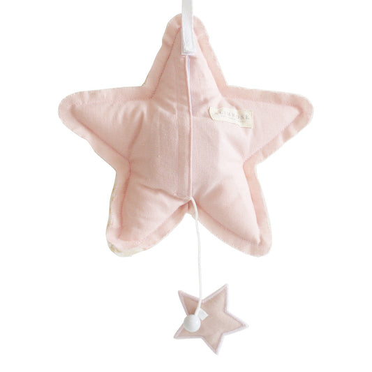 Soft pink star musical toy playing 'Let It Be', featuring a pull string and velcro closure, perfect for kids.