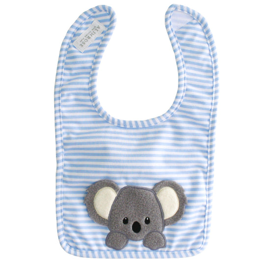 Cute blue striped bib with koala applique, perfect for newborns and machine washable for easy cleaning.