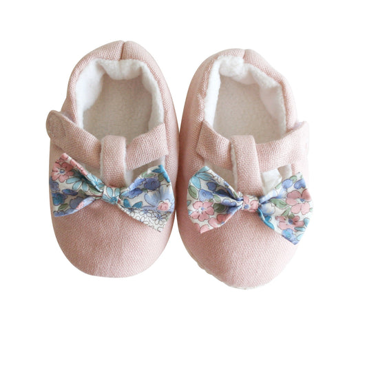 Bow Booties in Liberty Blue, soft cotton baby slippers with bow, suitable for newborns up to 6 months.