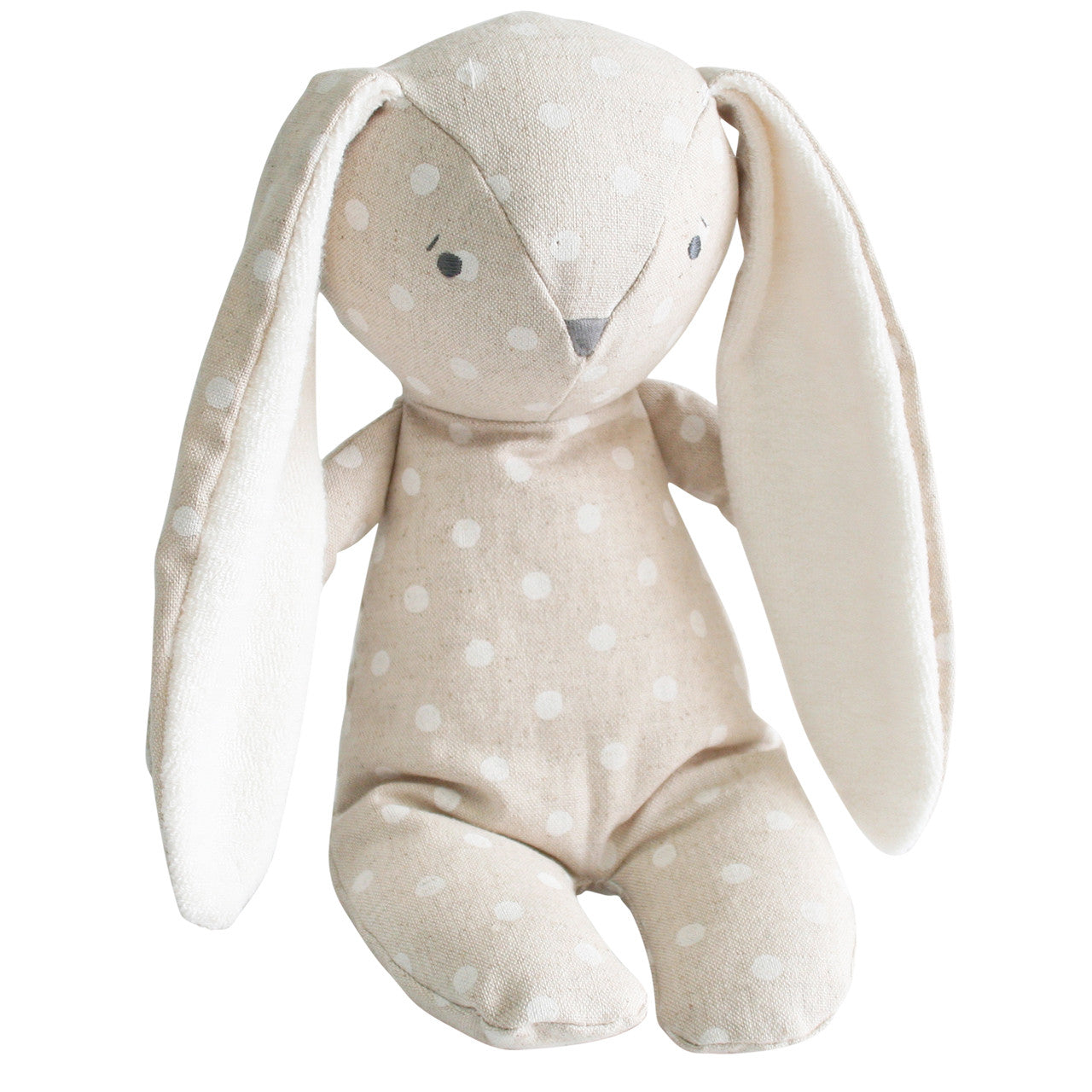 Alimrose Floppy Bunny plush toy in white polka dots, made from linen, 25cm tall, perfect snuggle buddy for kids.
