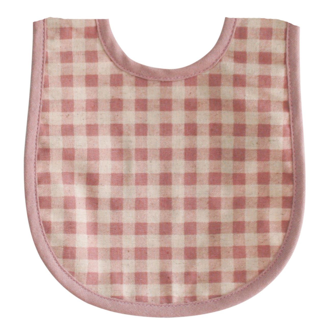 Alimrose Bib Rose Check Linen in pink and natural gingham design, made from quality linen/cotton for mealtime cuteness.