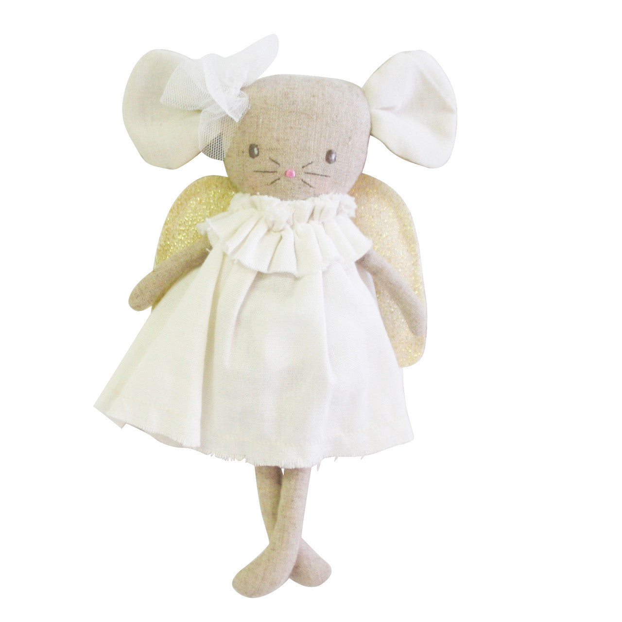 Angel Baby Mouse 25cm in ivory with gold wings and bow, perfect for ages 3+, featuring ruffled collar and embroidered face.