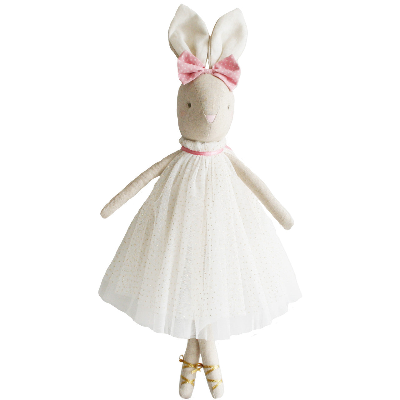 Daisy Bunny toy, 48cm tall with ivory tulle dress, soft floppy ears, and sparkly gold spots, perfect for children from 18 months.