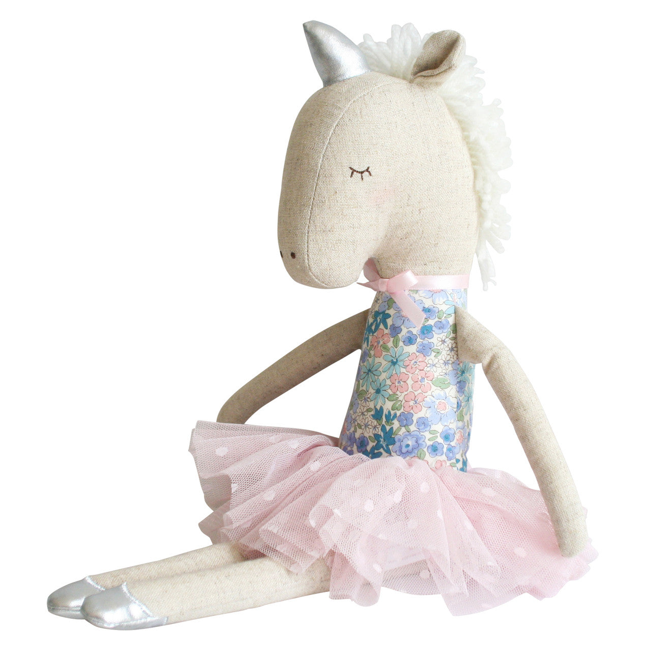Yvette Unicorn Doll 43cm in blue floral with a silver horn, pink tulle tutu, suitable for kids 18 months and up.