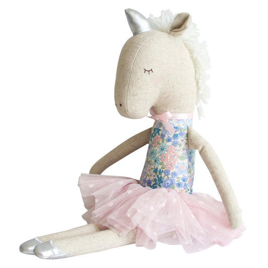Yvette Unicorn Doll 43cm in blue floral with a silver horn, pink tulle tutu, suitable for kids 18 months and up.