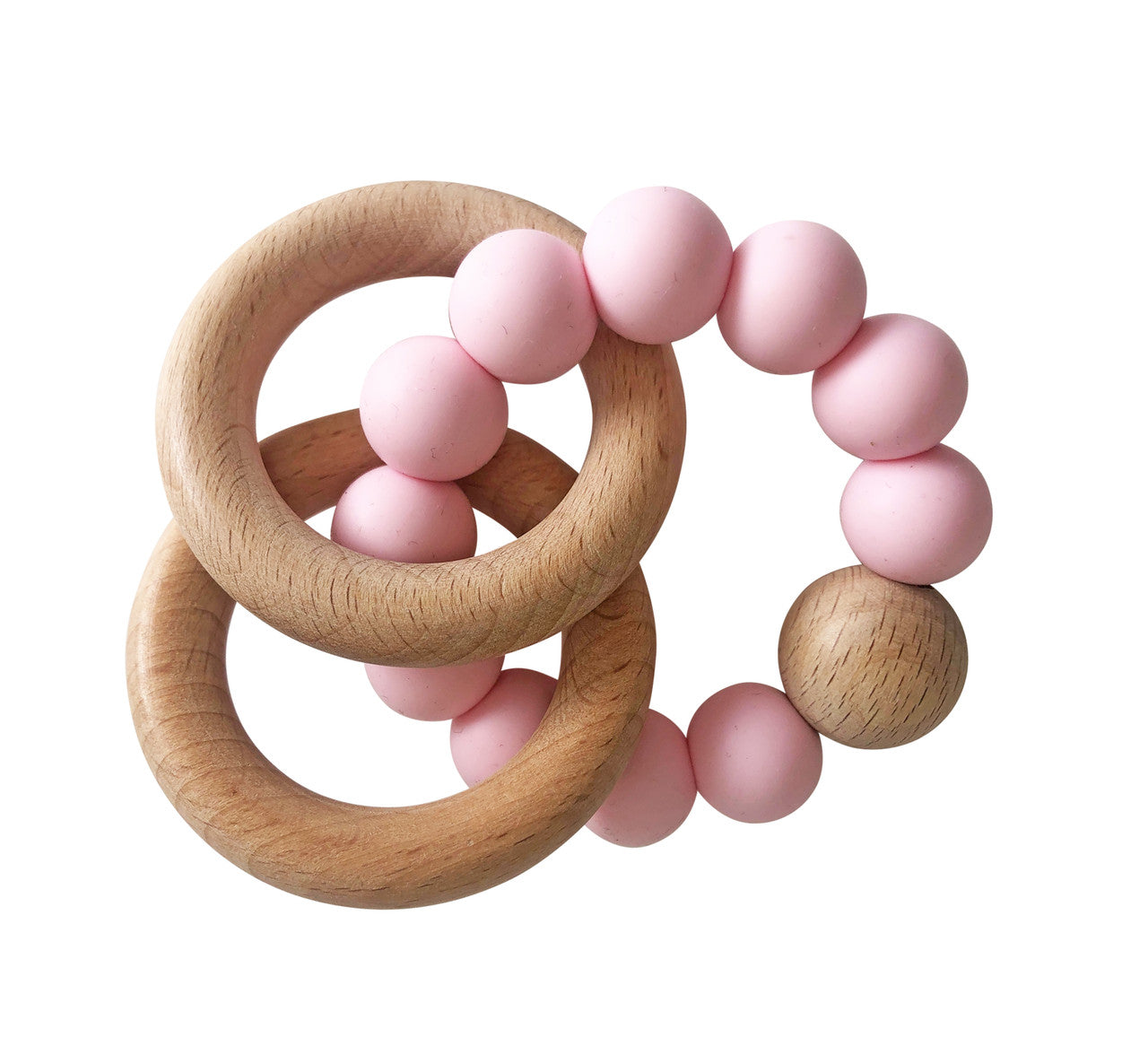 Beechwood teether ring set with rosewater silicone beads, perfect for soothing babies' gums and little hands.