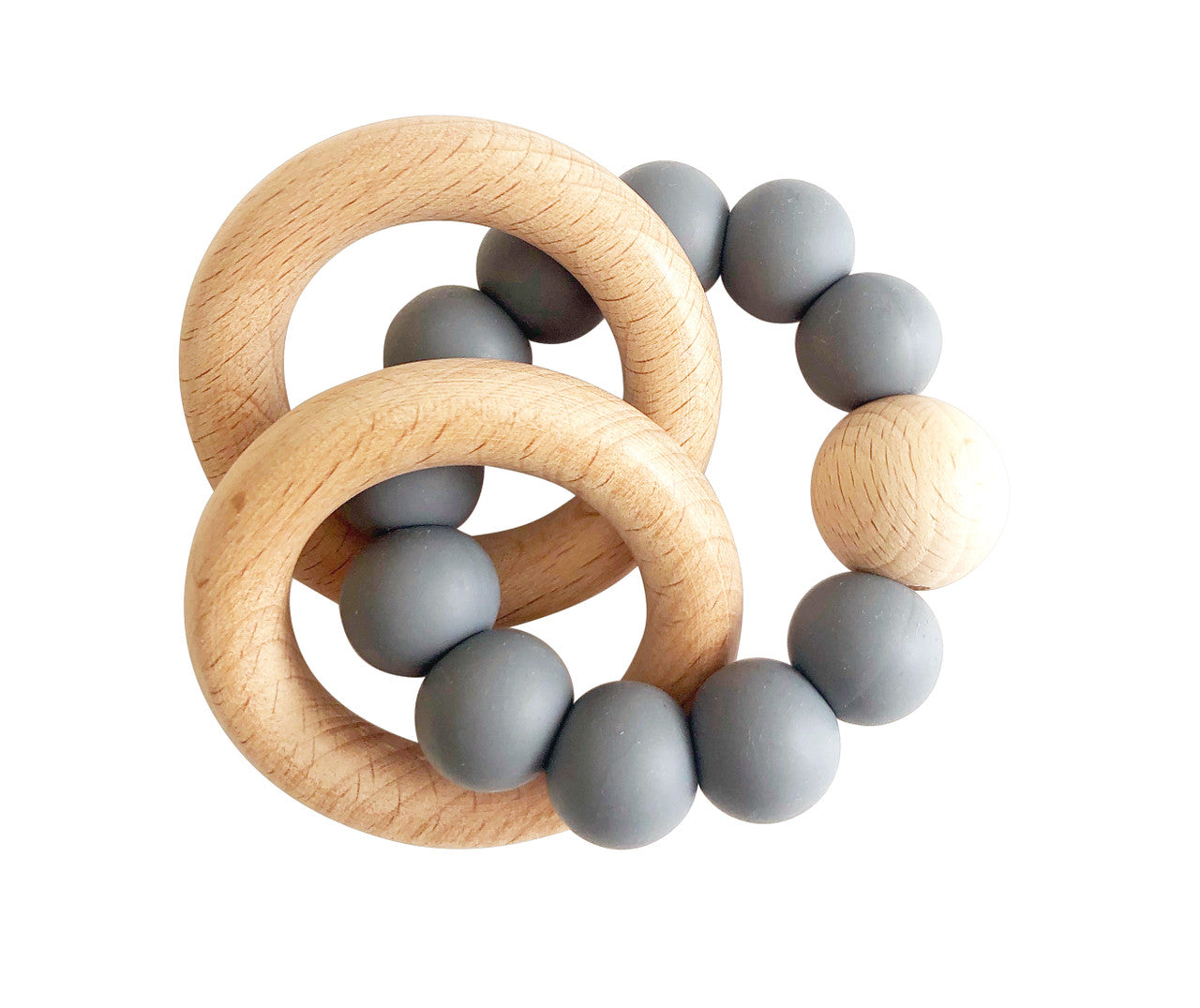 Beechwood teether ring in storm grey with silicone beads designed for soothing gums and easy handling for babies.