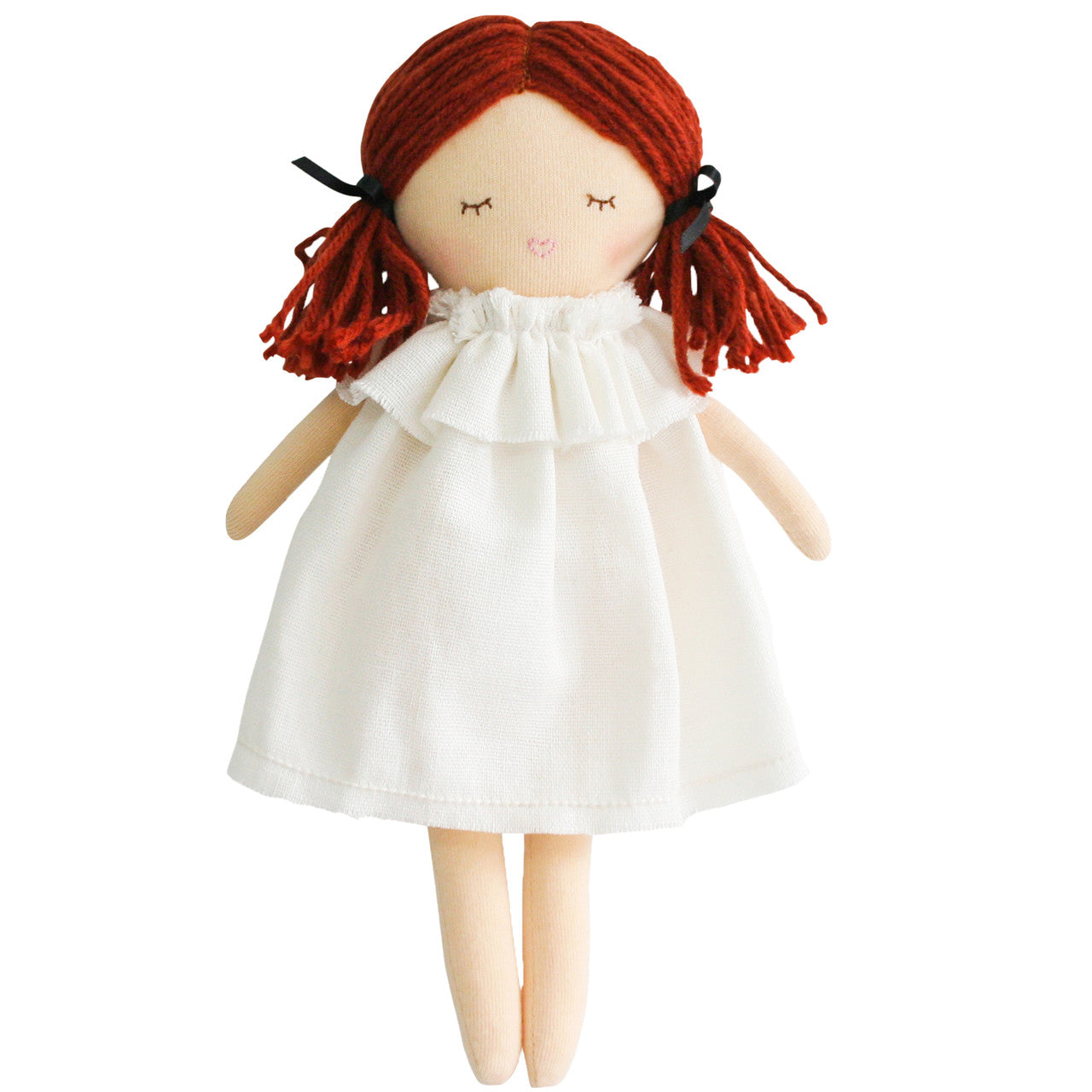 Mini Matilda doll in white dress with red hair, perfect for imaginative play and developmental learning.