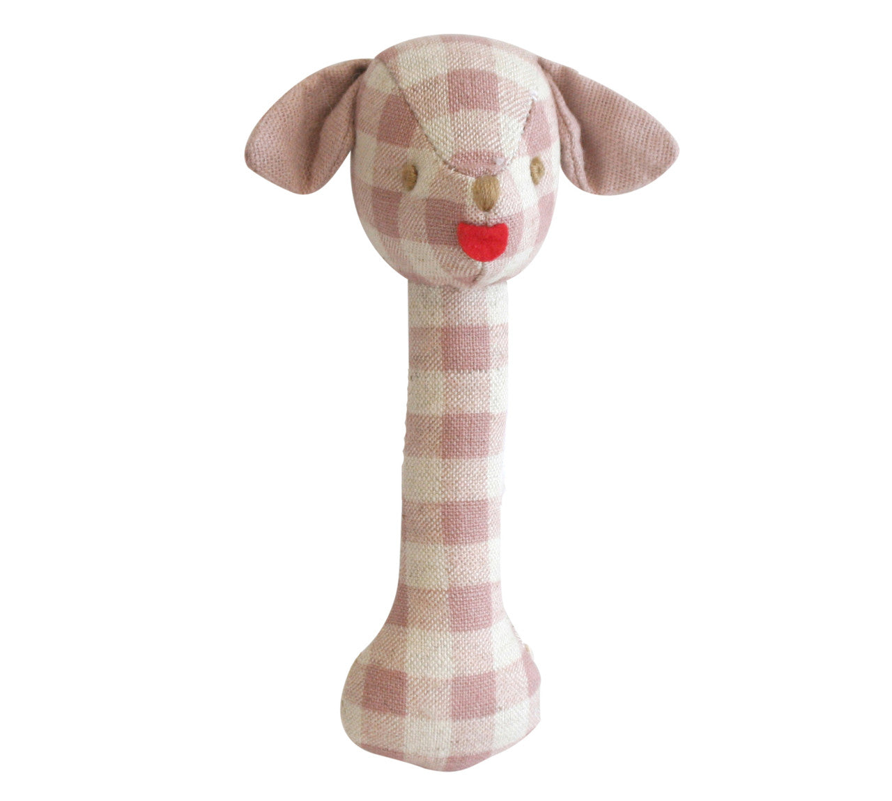 Puppy stick rattle in rose check linen, lightweight, safe for babies, perfect for tiny hands with gentle rattling noise.