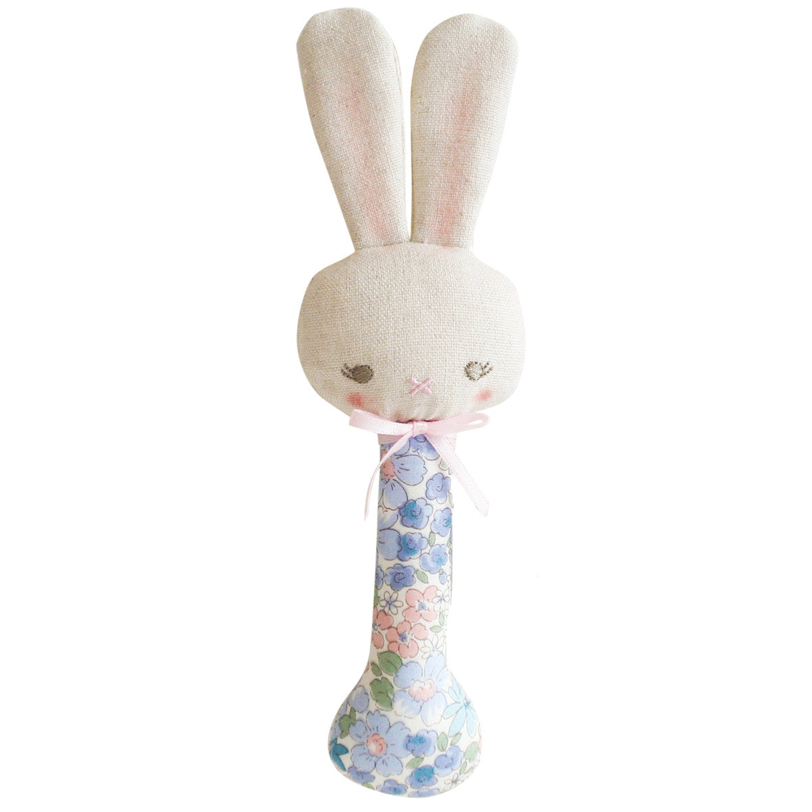 Baby Bunny stick rattle in Liberty Blue, perfect for tiny hands, lightweight, safe for mouthing, suitable for babies from 3 months.