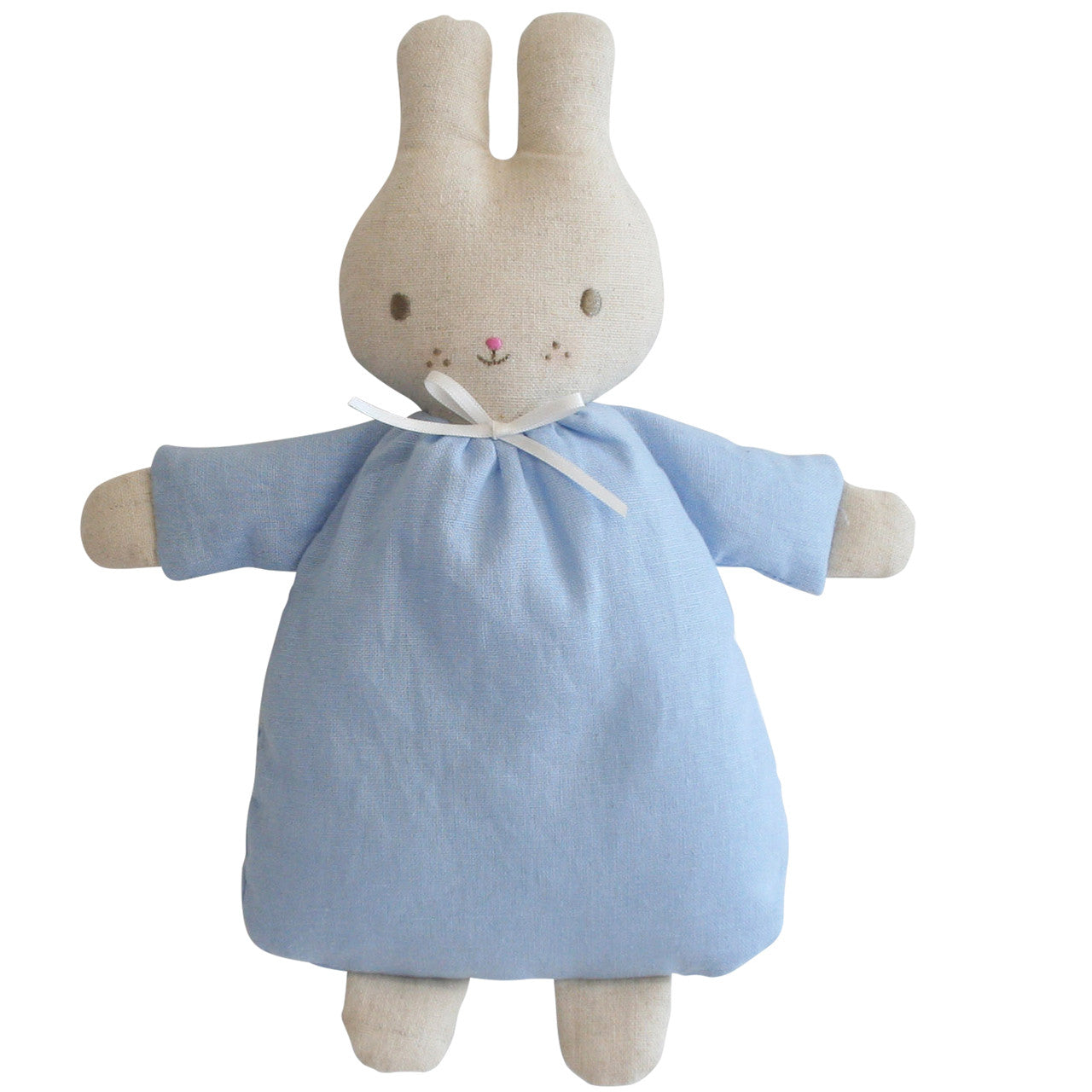 Riley Bunny Rattle 24cm blue soft plush toy with a rattle, perfect newborn gift, features linen cotton and embroidered face.