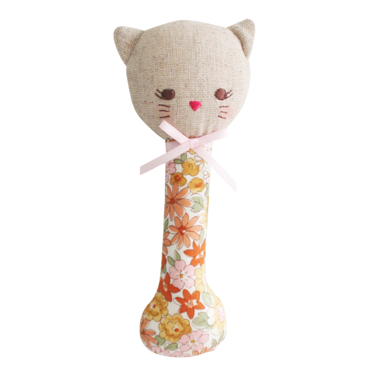 Kitty Stick Rattle in Sweet Marigold, lightweight rattle for babies with cute floral design, safe for mouthing, suitable from 3 months.