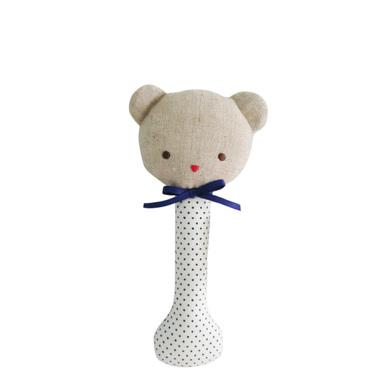 Cute Baby Bear Stick Rattle in Navy Spot, perfect for tiny hands and safe for mouthing, lightweight and gentle rattling sound.