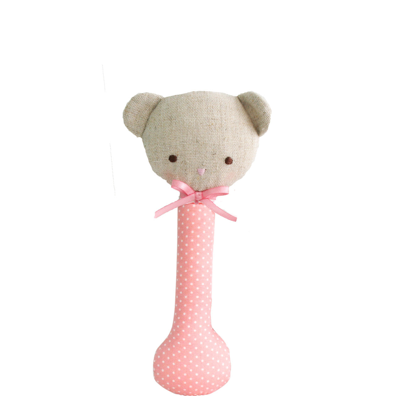 Baby bear stick rattle in pink with white spots, lightweight and safe for babies, perfect for tiny hands.