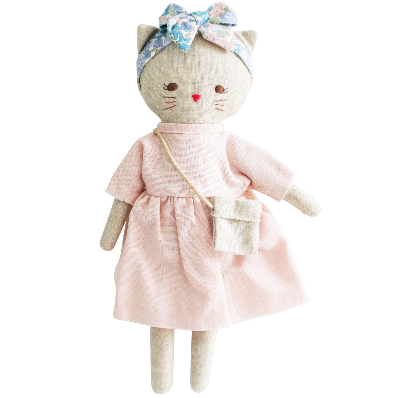 Mini Lilly Kitty doll in pink linen dress with floral headband and crossbody bag for imaginative play.
