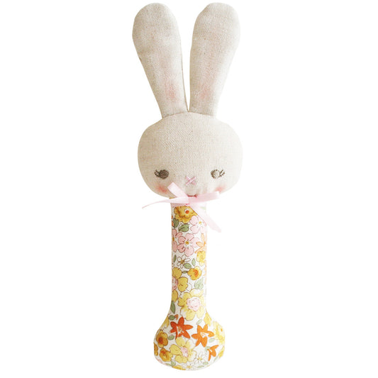 Baby Bunny Stick Rattle in Sweet Marigold design, perfect for tiny hands and safe for mouthing, suitable for ages 3 months and up.