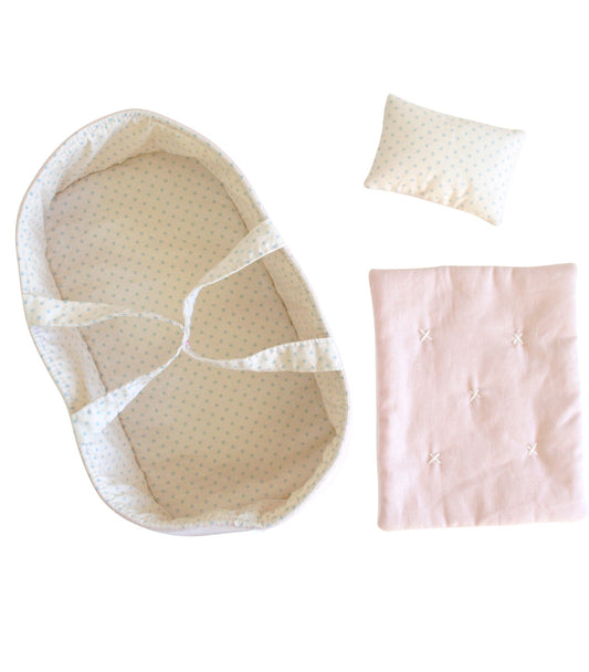 Doll carrier set featuring a pale pink quilt, soft pillow, and reversible nesting basket, ideal for 30cm baby dolls.