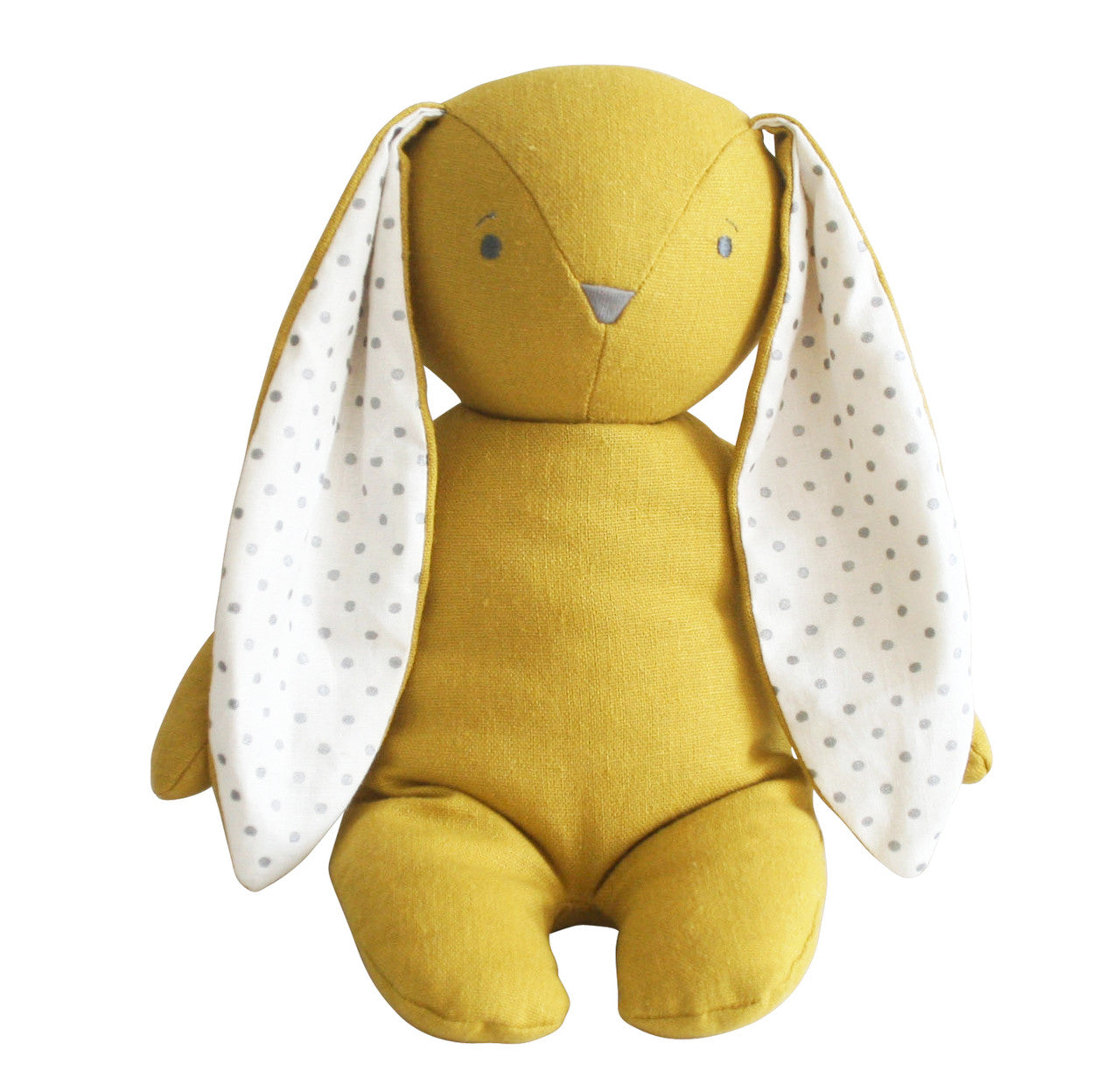 Alimrose Floppy Bunny in butterscotch linen with polka dot ears, perfect snuggle buddy for kids, 25cm tall.