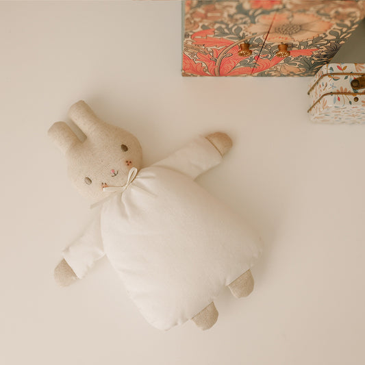 Riley Bunny Rattle 24cm Ivory, soft linen cotton bunny doll with embroidered face, perfect newborn gift.