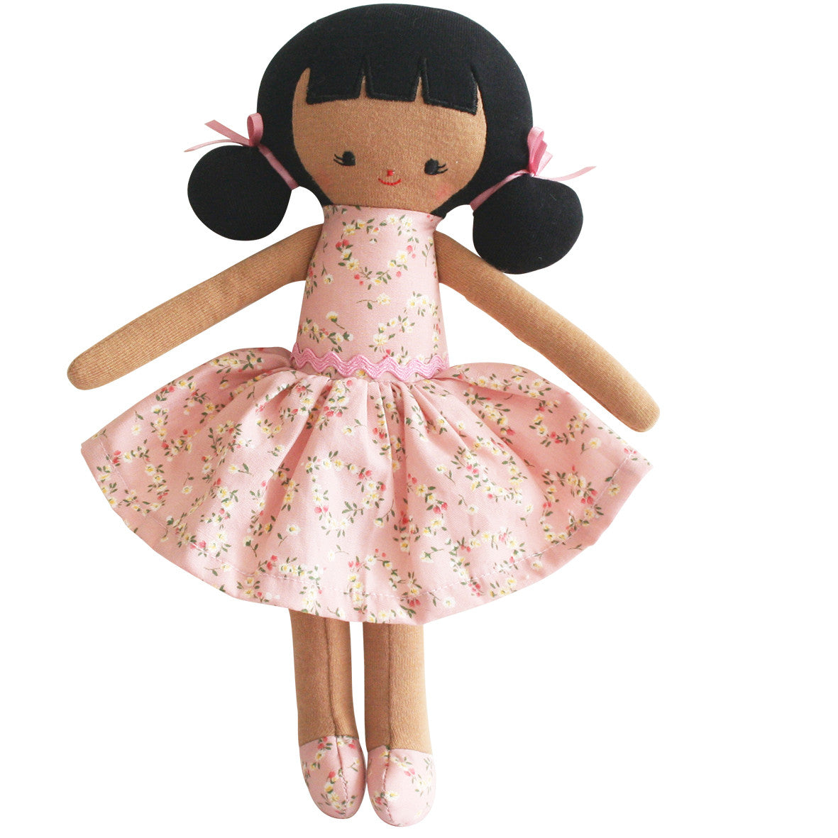 Alimrose Audrey Doll 26cm, cute embroidered face, fabric hair in stylish side buns, wearing a floral pink dress.