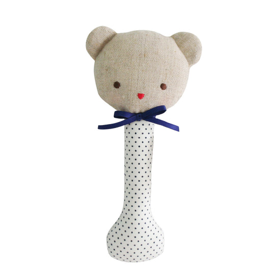Baby Bear Stick Rattle in navy spot design, perfect for tiny hands with safe cotton handle and gentle rattling noise.