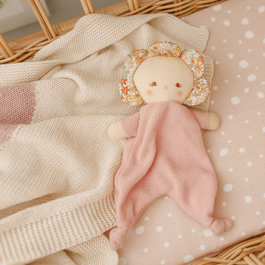 Flower Baby Comforter Sweet Marigold with cute flower doll face and soft fabric petals, perfect for infants 3 months and up.