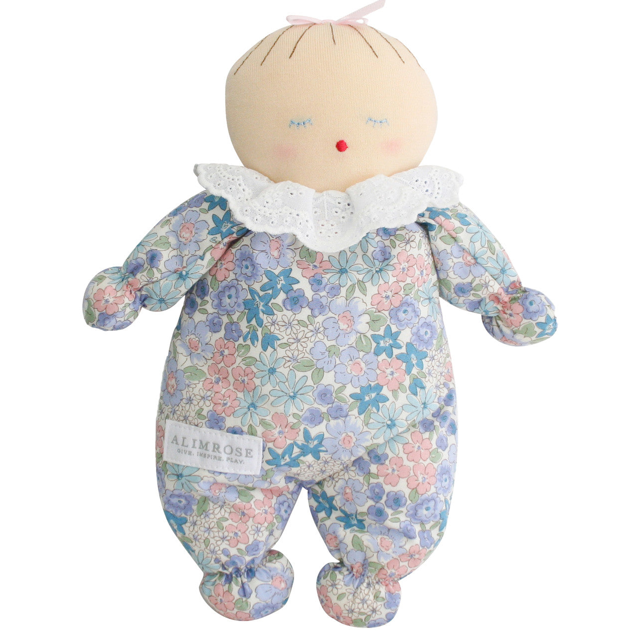 Alimrose Asleep Awake Baby Doll, 24cm Liberty Blue, features double-sided embroidered face for imaginative play.