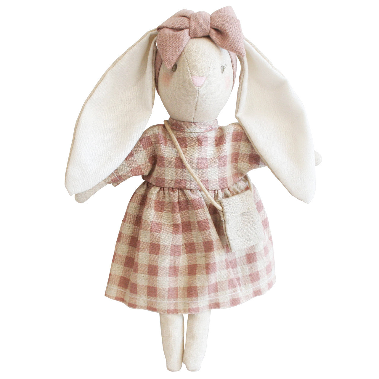 Mini Sofia Bunny doll in a rose check linen dress with ears and a bow, perfect for kids aged 3 and up.