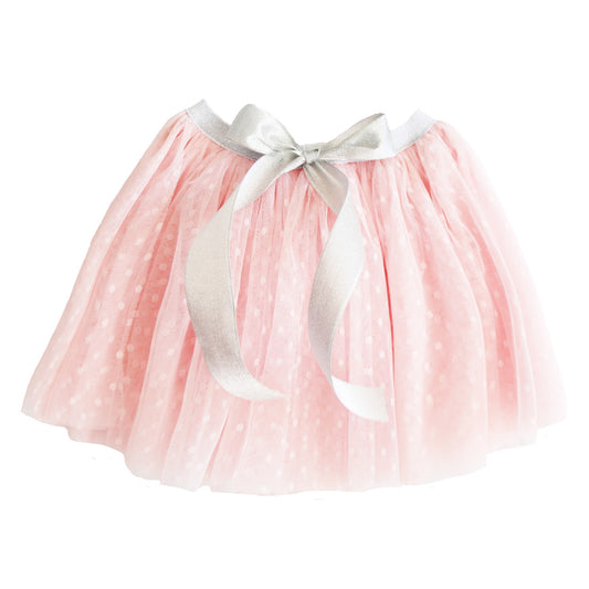 Amelie Tutu in pale pink, featuring soft tulle, elastic waistband, and oversized silver bow, ideal for ages 3-6 years.