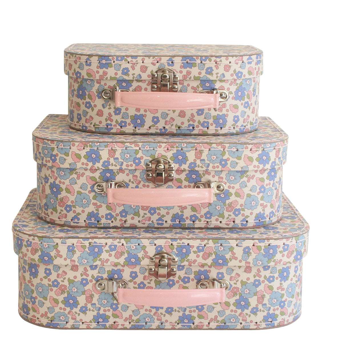 Kids Carry Case Set in Liberty Blue floral design, perfect for decor and play; includes large, medium, and small suitcases.