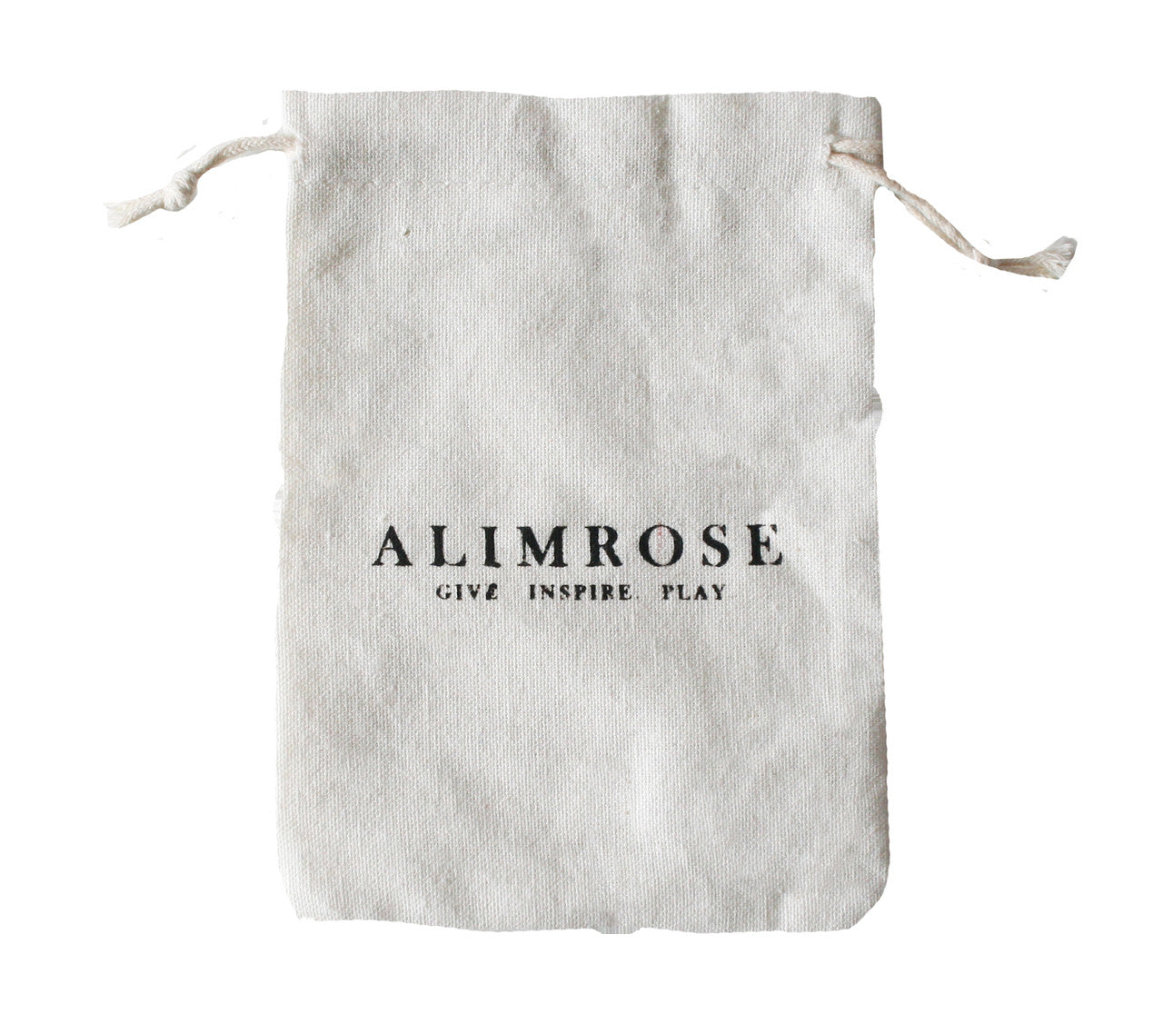 Alimrose cotton gift bag with 'Give Inspire Play' text, ideal for storing toys or small items.