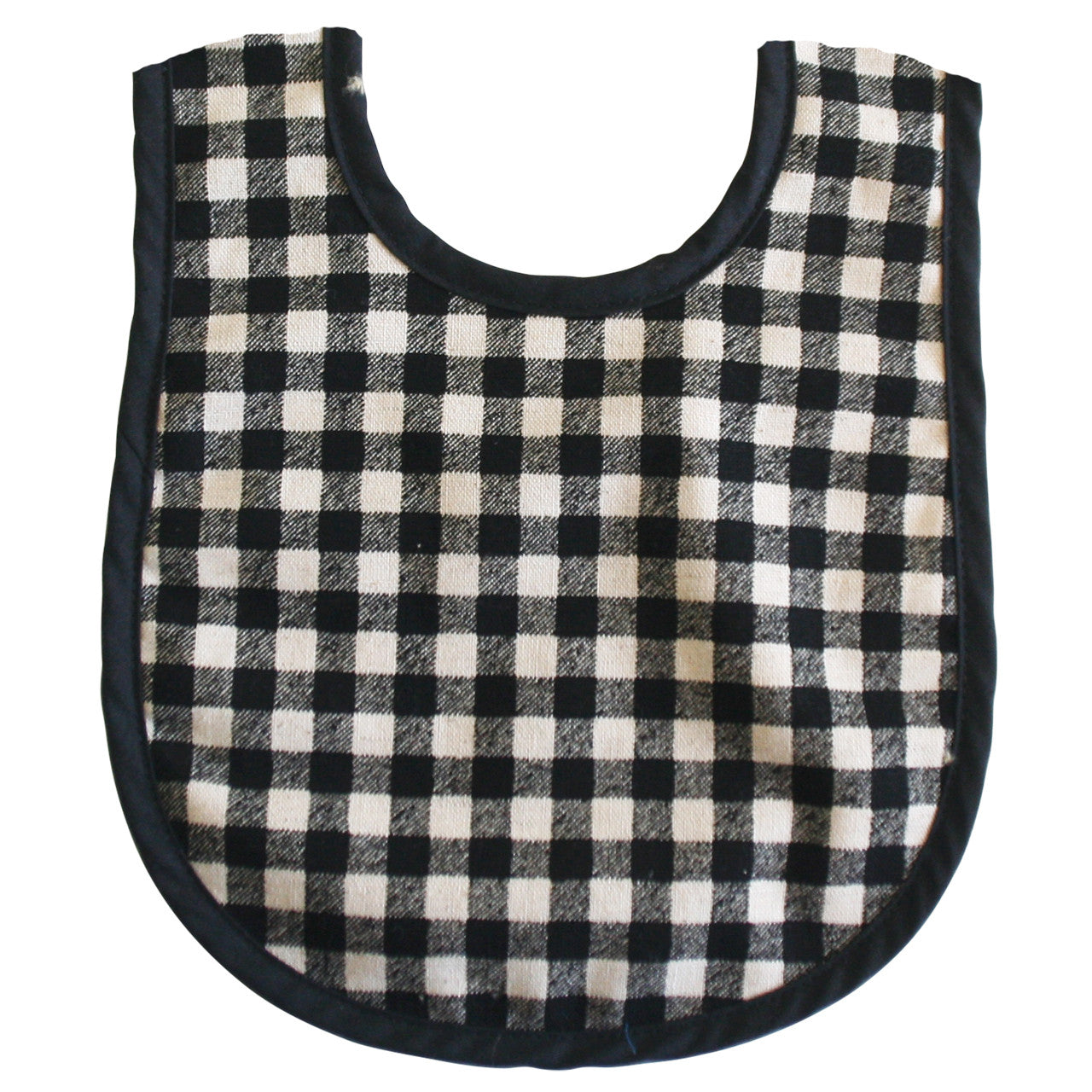 Cute black and natural linen gingham bib with cotton absorbent backing and Velcro fastening for mealtime.