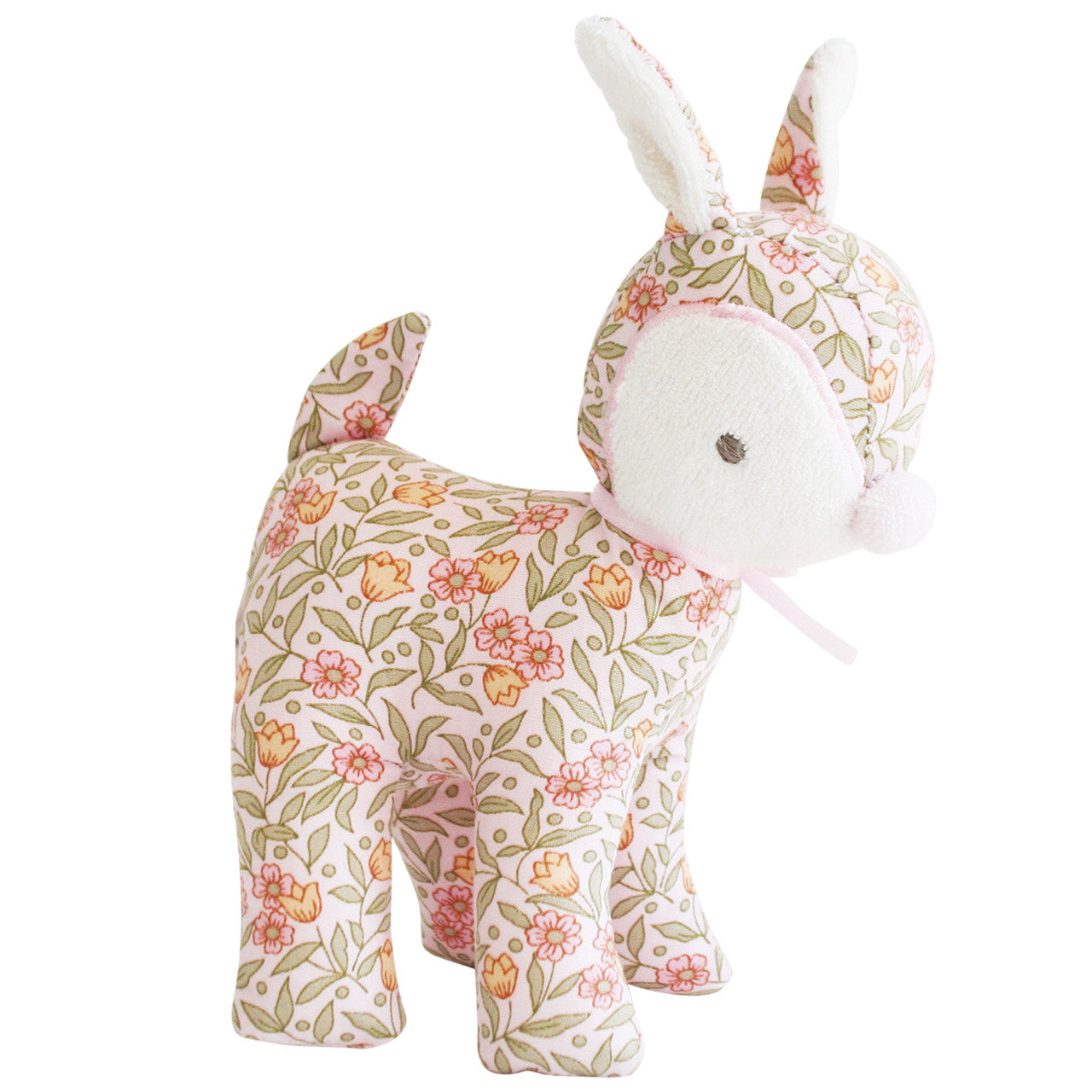 Alimrose Baby Deer Rattle in pink floral print, 16cm soft toy for babies, perfect for cuddles and gentle sounds.