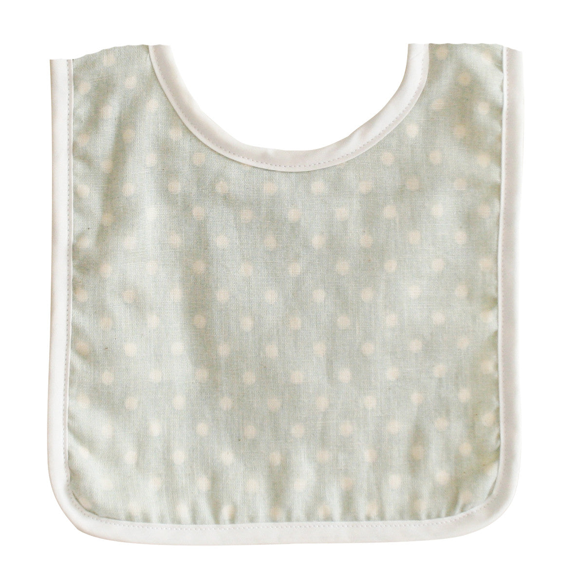 Duck Egg Blue baby bib with ivory spots, cotton absorbent backing, and Velcro closure for safe and stylish mealtime.