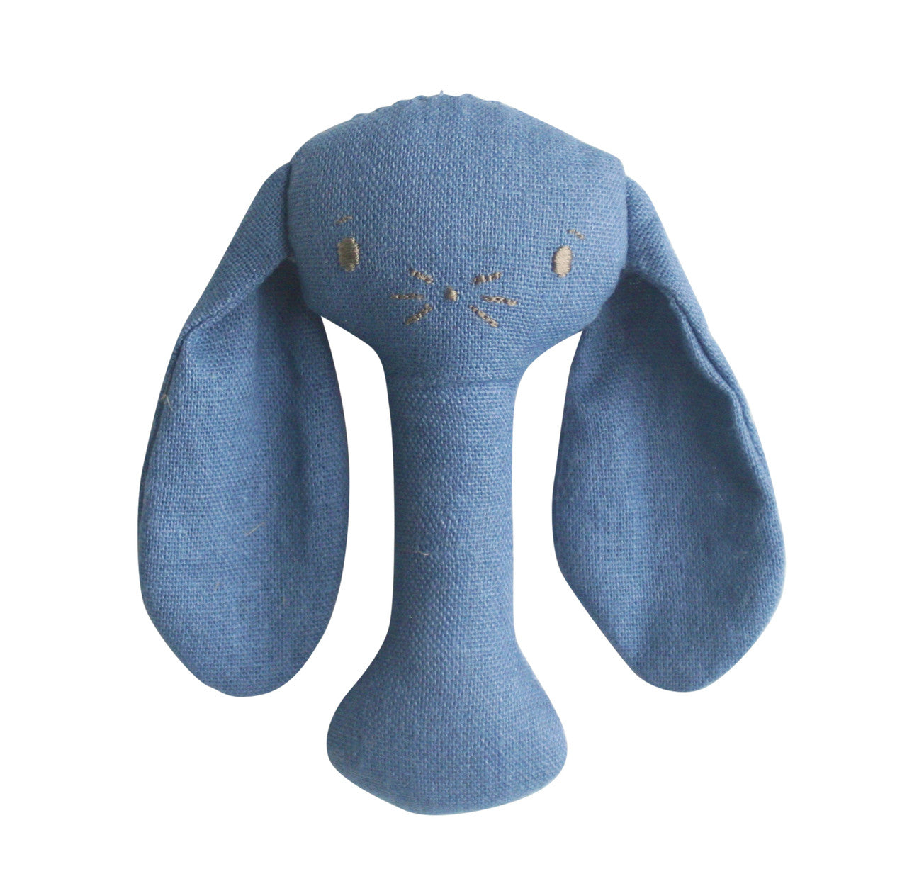 Bobby Bunny Stick Rattle in chambray linen, gentle rattle for babies, perfect for tiny hands, safe for mouthing.