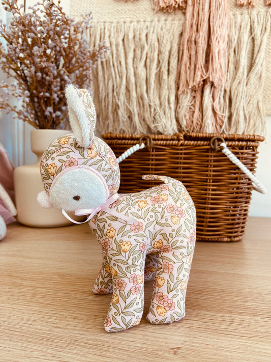 Alimrose Baby Deer Rattle in floral print, 16cm tall, perfect first toy for babies, featuring soft ears and gentle rattle sound.
