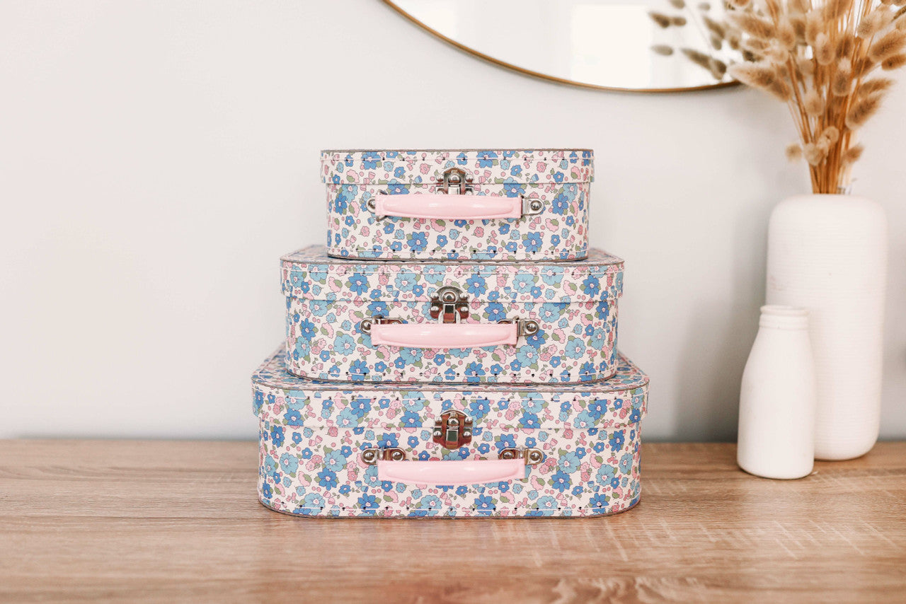 Kids Carry Case Set in Liberty Blue featuring floral design, perfect for decor or playtime, displayed on a wooden table.