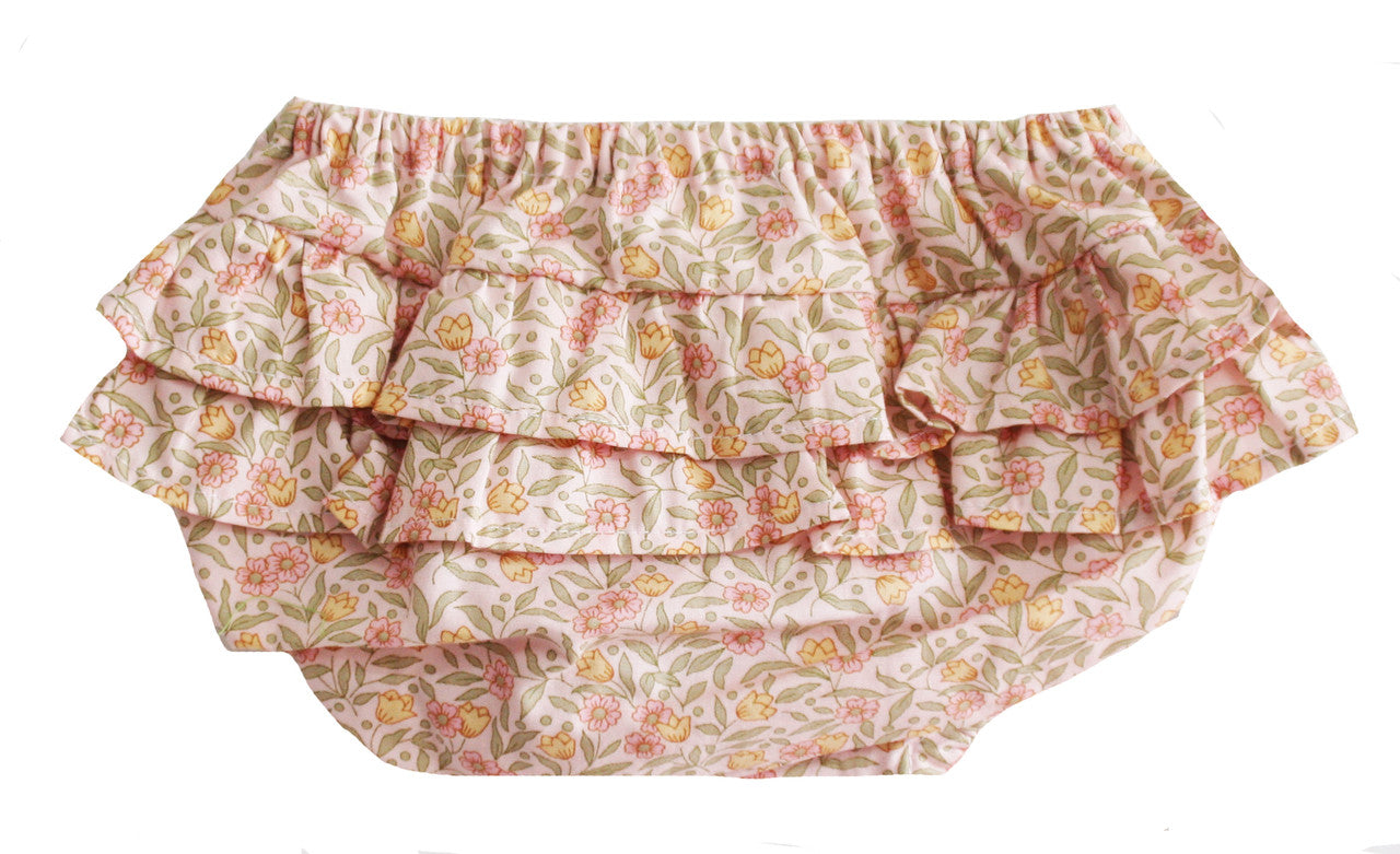 Ruffle bloomers in blossom lily pink floral print, perfect for 3-6 months, made from 100% cotton and machine washable.