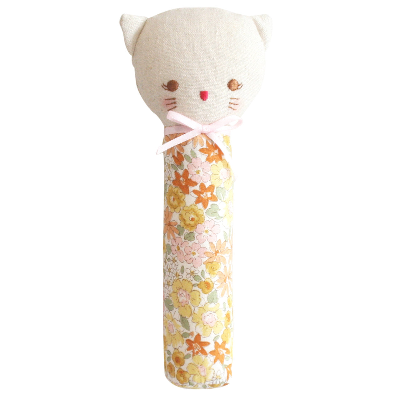 Odette Kitty Squeaker toy in sweet marigold design features soft fabric and floral print, perfect for babies' grasp reflex.