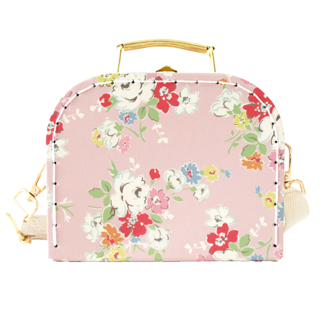 Vintage rose mini crossbody bag with colorful floral print and gold-tone hardware.