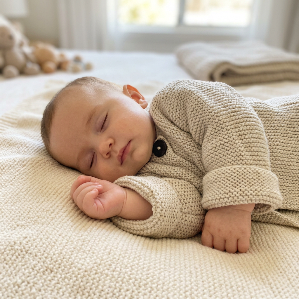Creamy beige knit baby jacket with textured pattern and brown button closure, soft and cozy fabric.