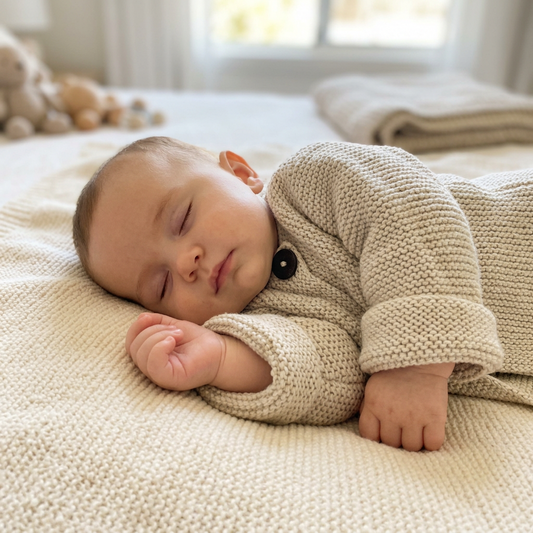 Creamy beige knit baby jacket with textured pattern and brown button closure, soft and cozy fabric.