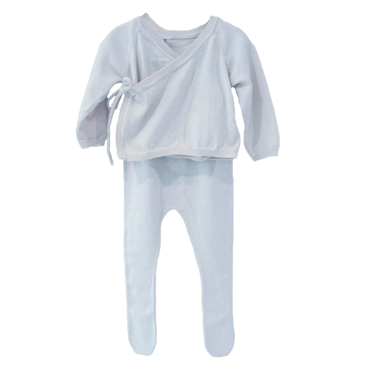 Light blue long-sleeve wrap top with side ties and matching footed pants baby lounge set.